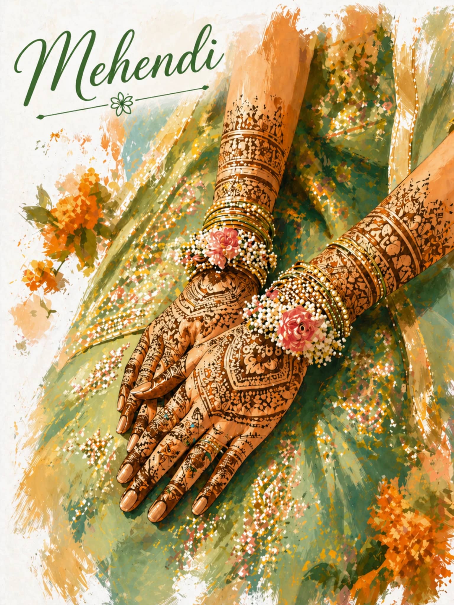 Illustrated Mehndi event card with henna and green sari details.