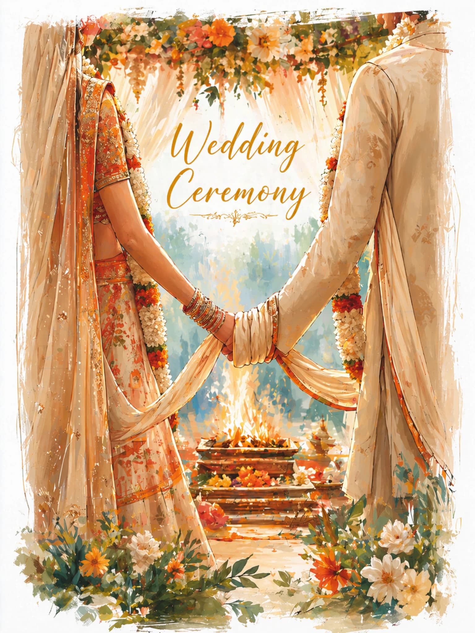 Illustrated Wedding Ceremony event card with orange-gold mandap details.