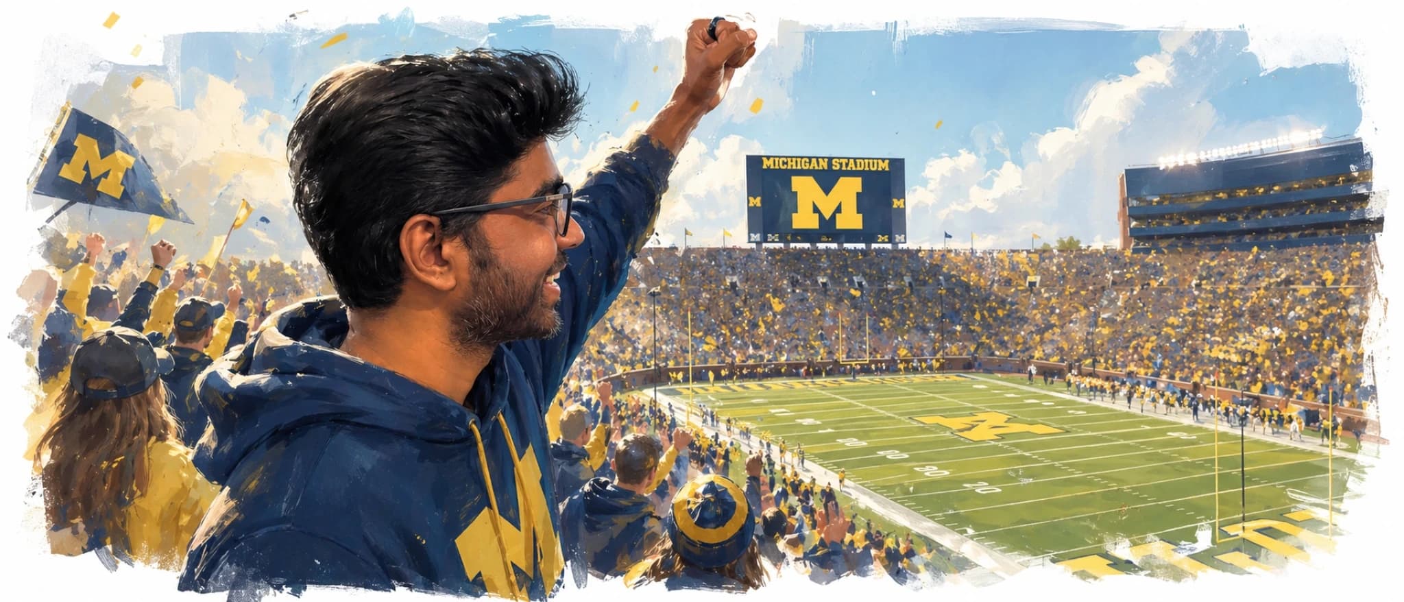 Praveen at a Michigan football game in Ann Arbor with the stadium crowd around him.