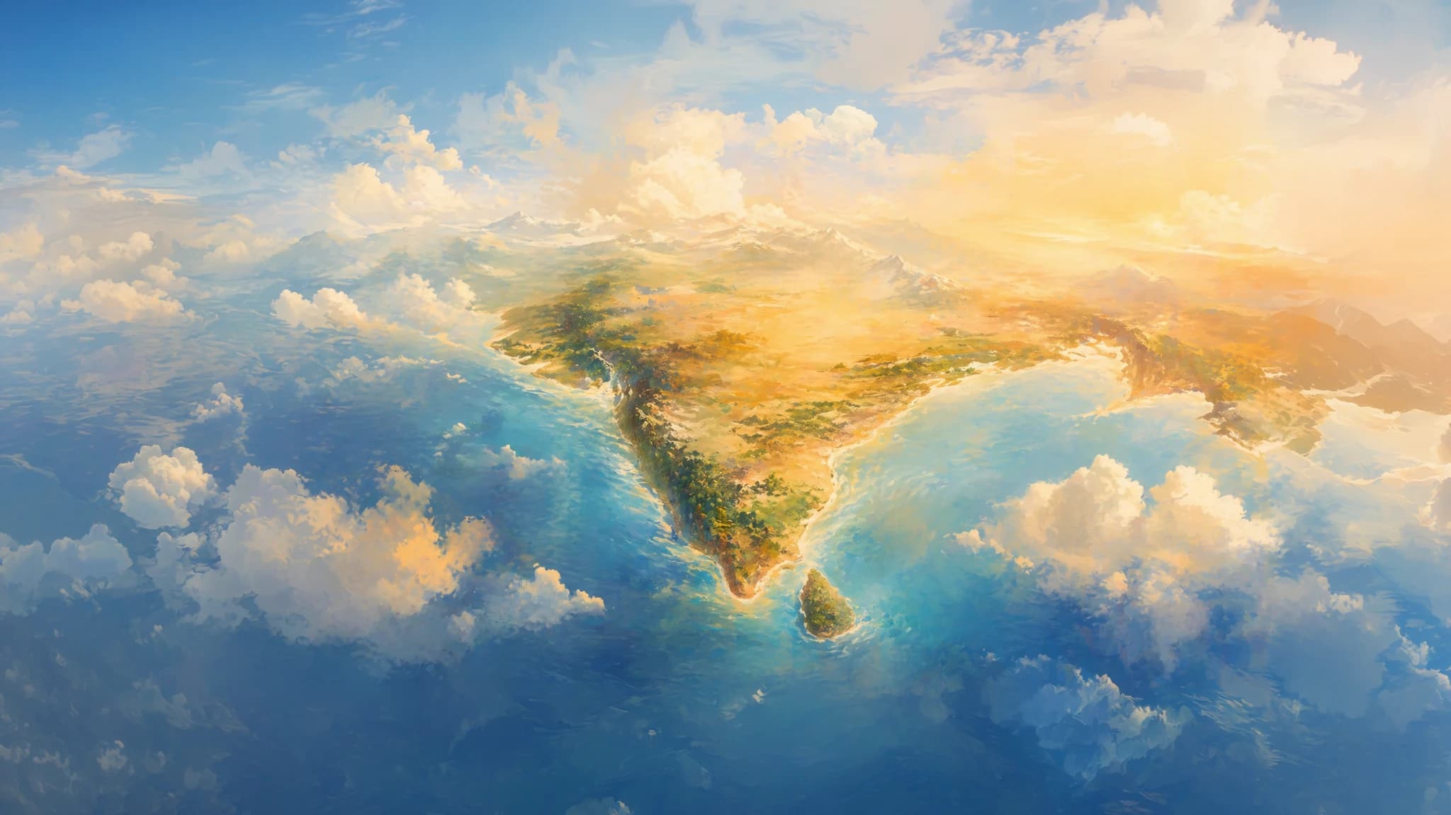 Painterly aerial view of India surrounded by blue water, clouds, and warm golden light.